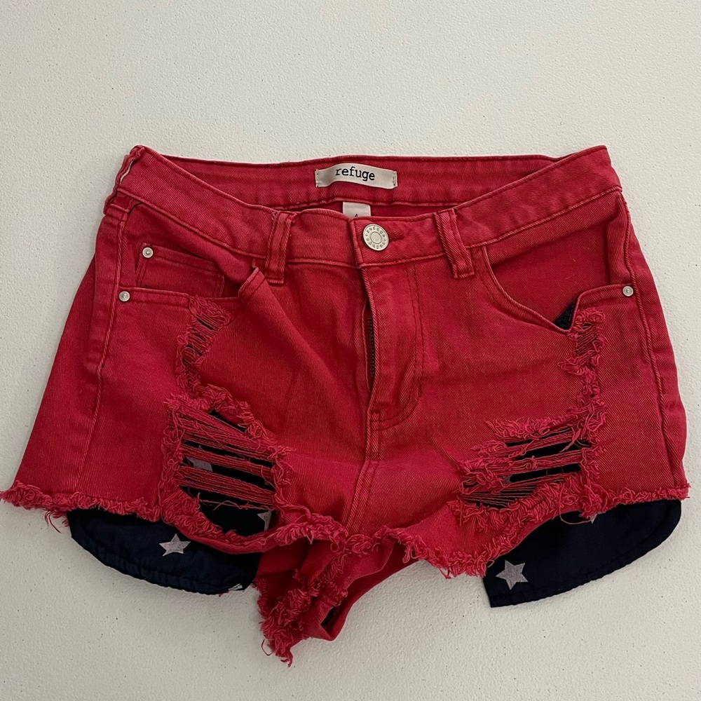 Refuge Red Shorts with Blue Star Spangled Pockets